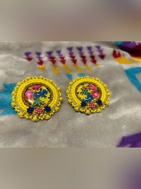 Handcrafted Yellow Floral Bead Statement Earrings